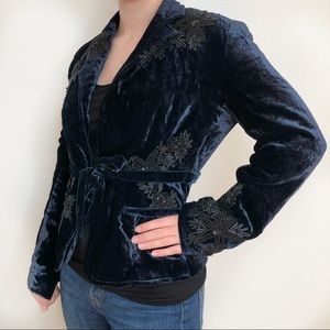 Anthropologie Navy Velvet Black Applique Jacket